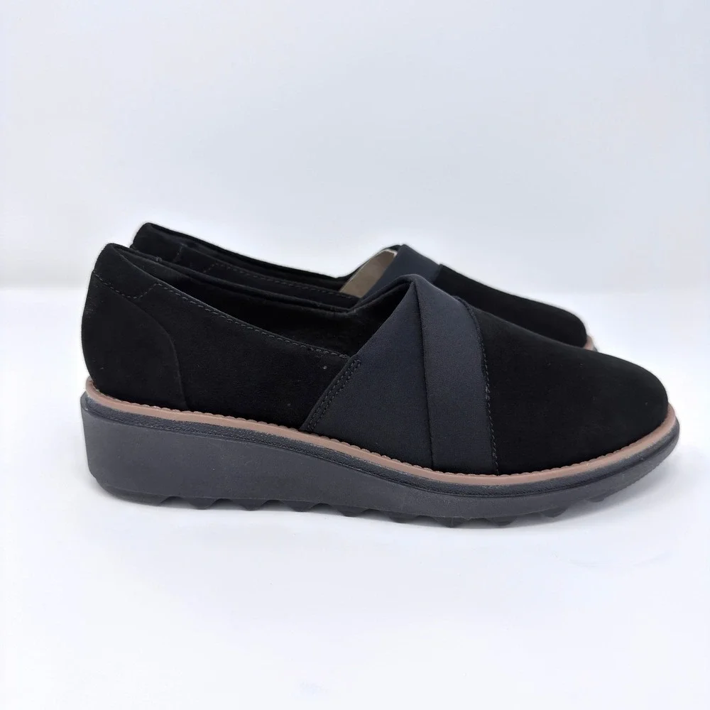 Clarks Sharon Pump Black Suede Wedge Loafers Womens 5.5M Slip On Shoes